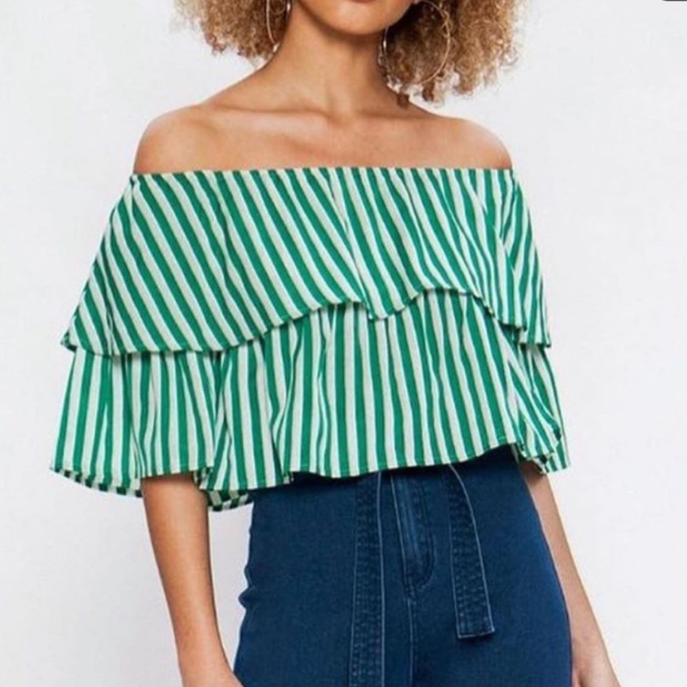 HOST PICK Green & White Off The Shoulder Top